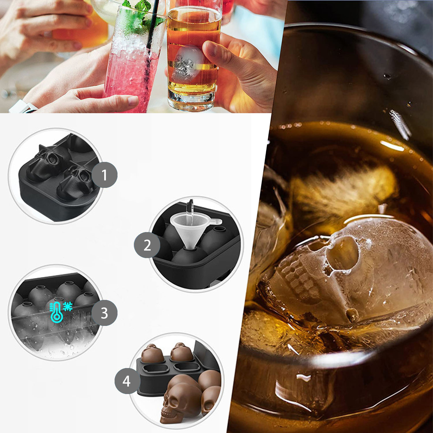 Una bandeja de cubitos de hielo de silicona, cubitos de hielo de silicona 3D con Mini embudo, perfecto para cócteles de whisky