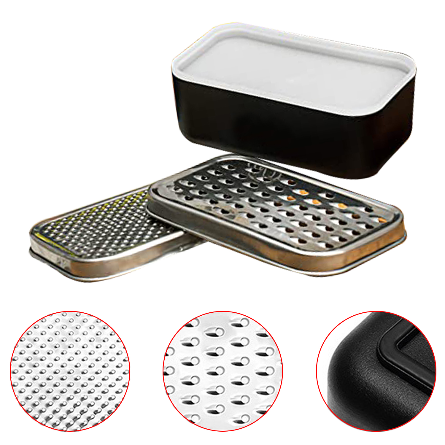 Rallador de queso de doble cara, trituradora de ajo y jengibre portátil con contenedor de ahorro de alimentos, caja rectangular y ralladores de acero inoxidable