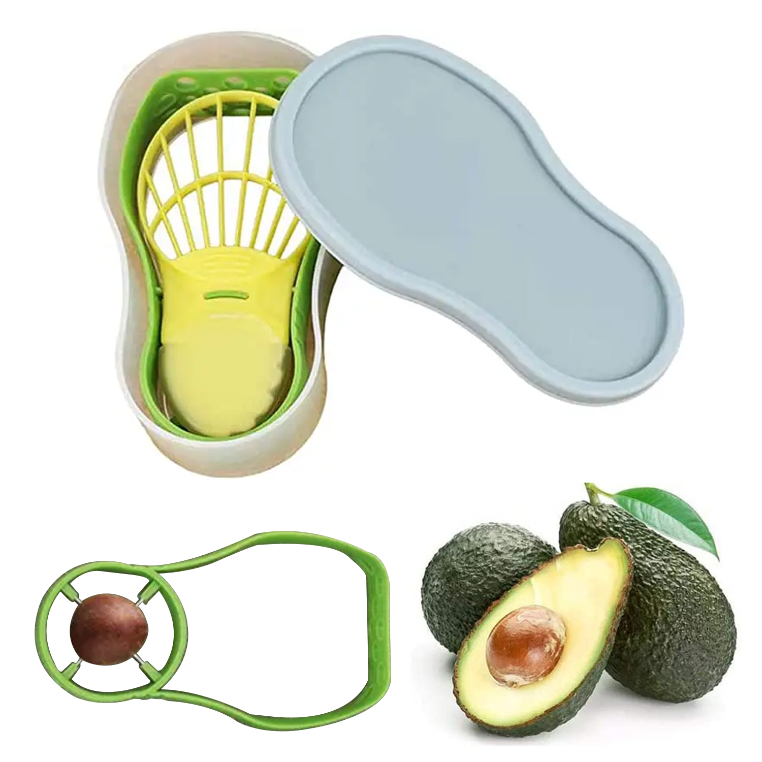 Recipiente de almacenamiento 3 en 1 para aguacate, herramienta para aguacate, rebanador de aguacate, separador pelador de mantequilla 