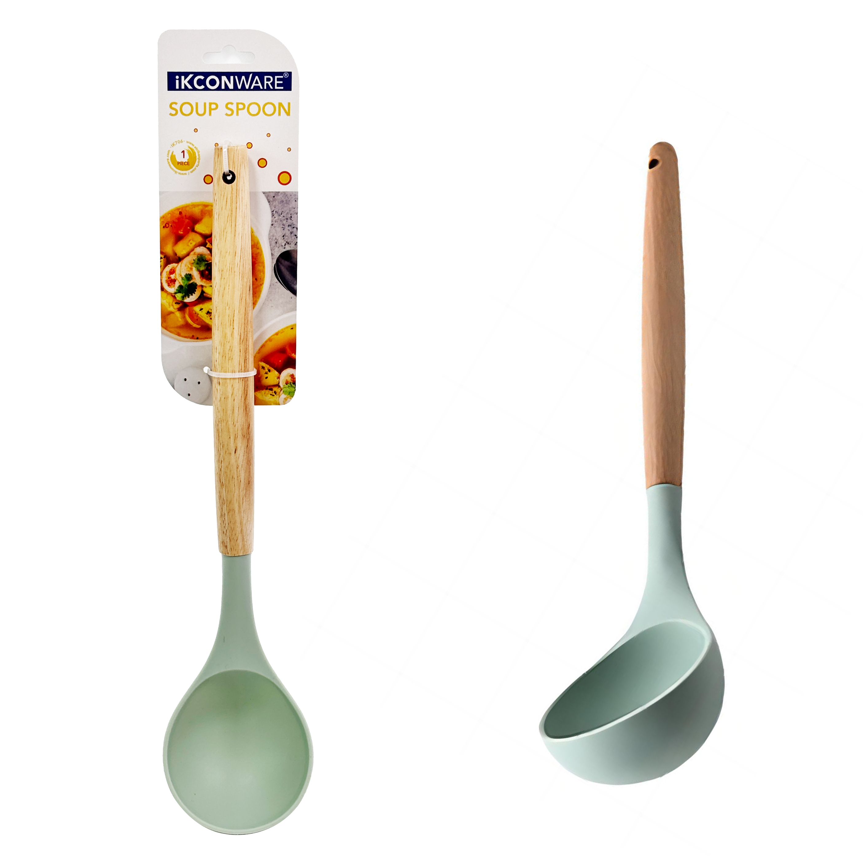 Cuchara de sopa de silicona con mango de madera