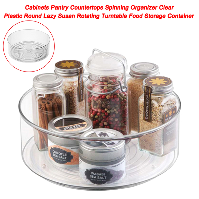 Contenedor de almacenamiento de alimentos con plato giratorio transparente para cocina, especias, plástico transparente, redondo, plato giratorio Lazy Susan, contenedor de almacenamiento de alimentos