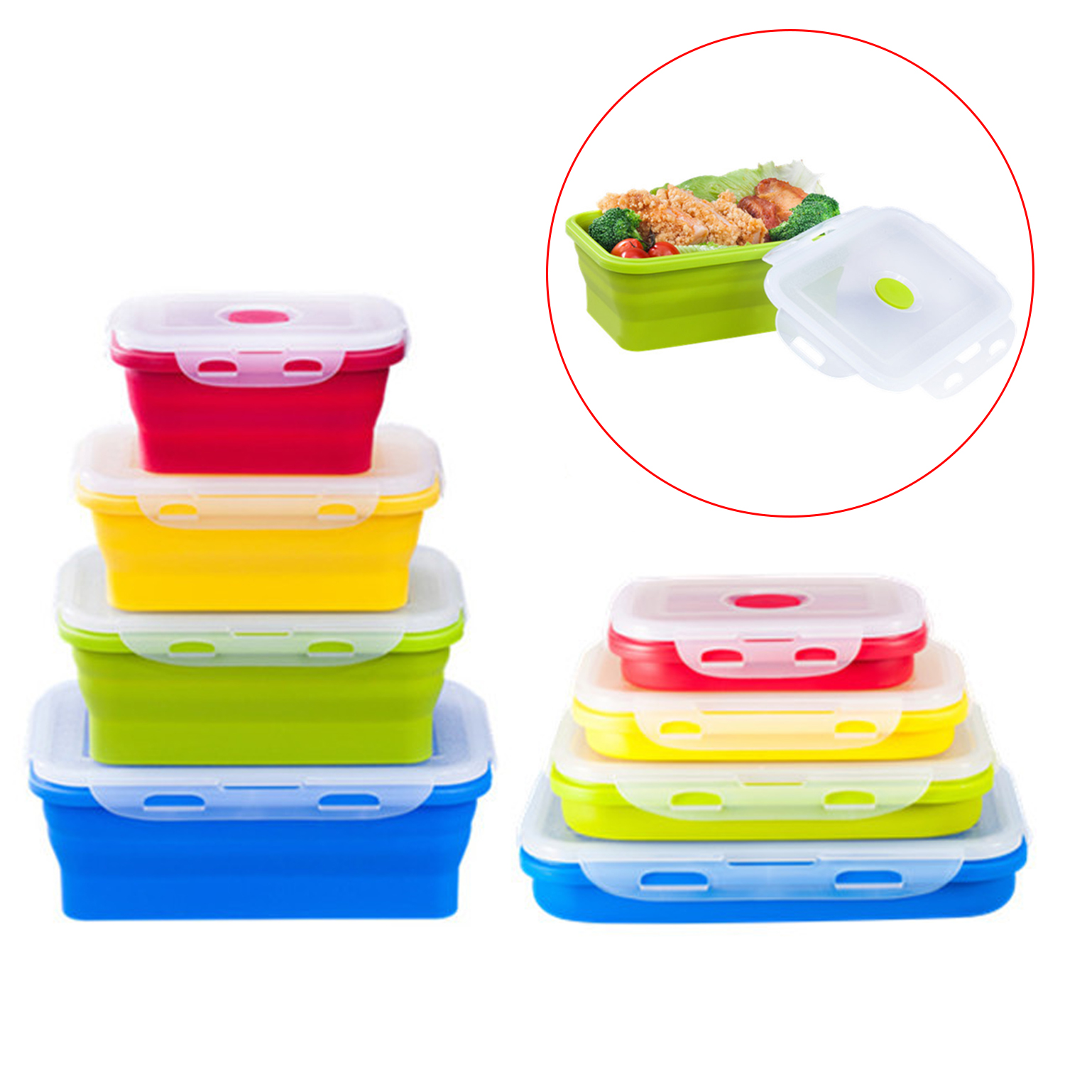 Fiambrera plegable de silicona con tapa 350ML/500ML/800ML/1200ML Juego de 4 piezas Fiambrera plegable portátil cuadrada de silicona