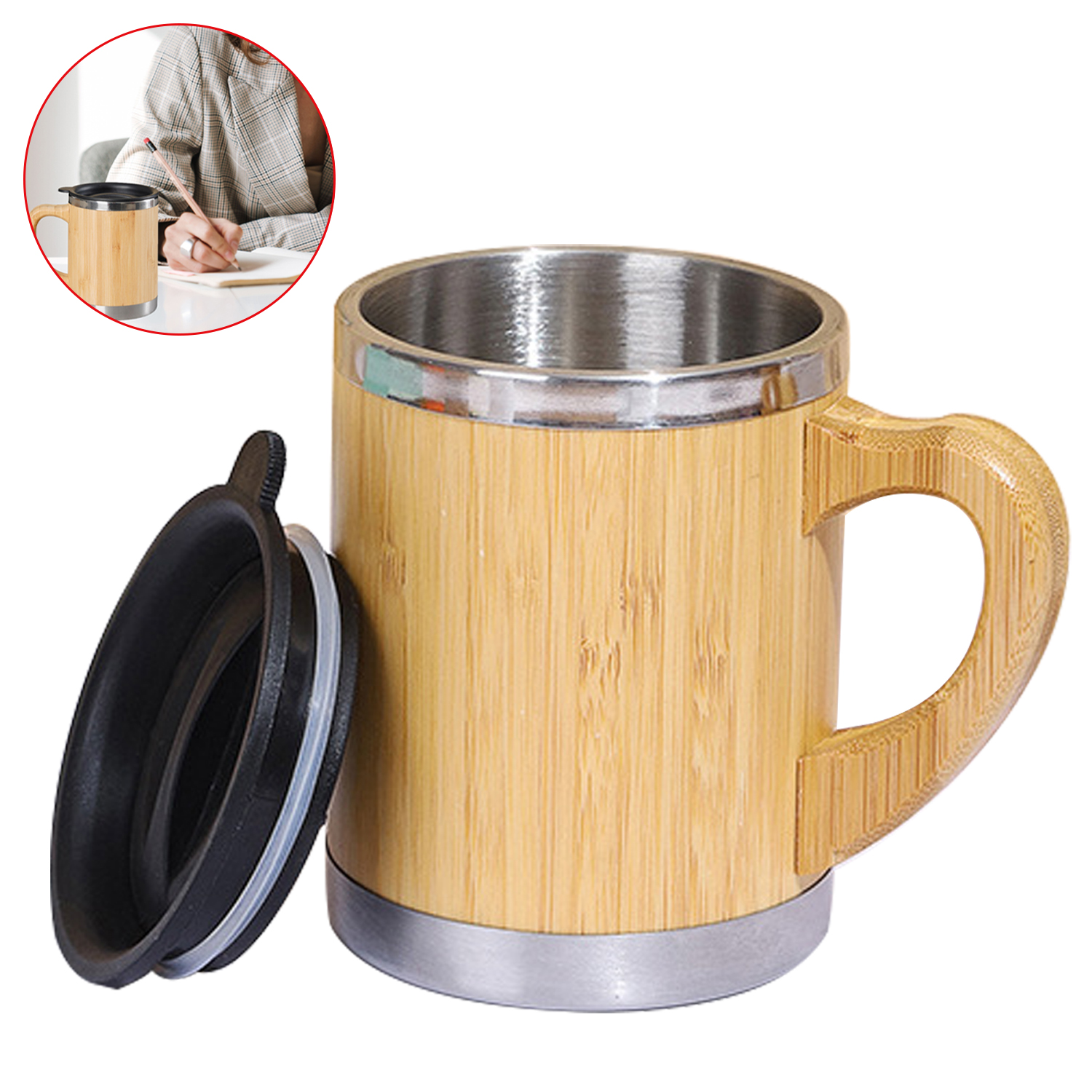Venta al por mayor 300ML de madera de la taza del viaje de la taza de café con la taza de la taza de café de la manija y de la tapa
