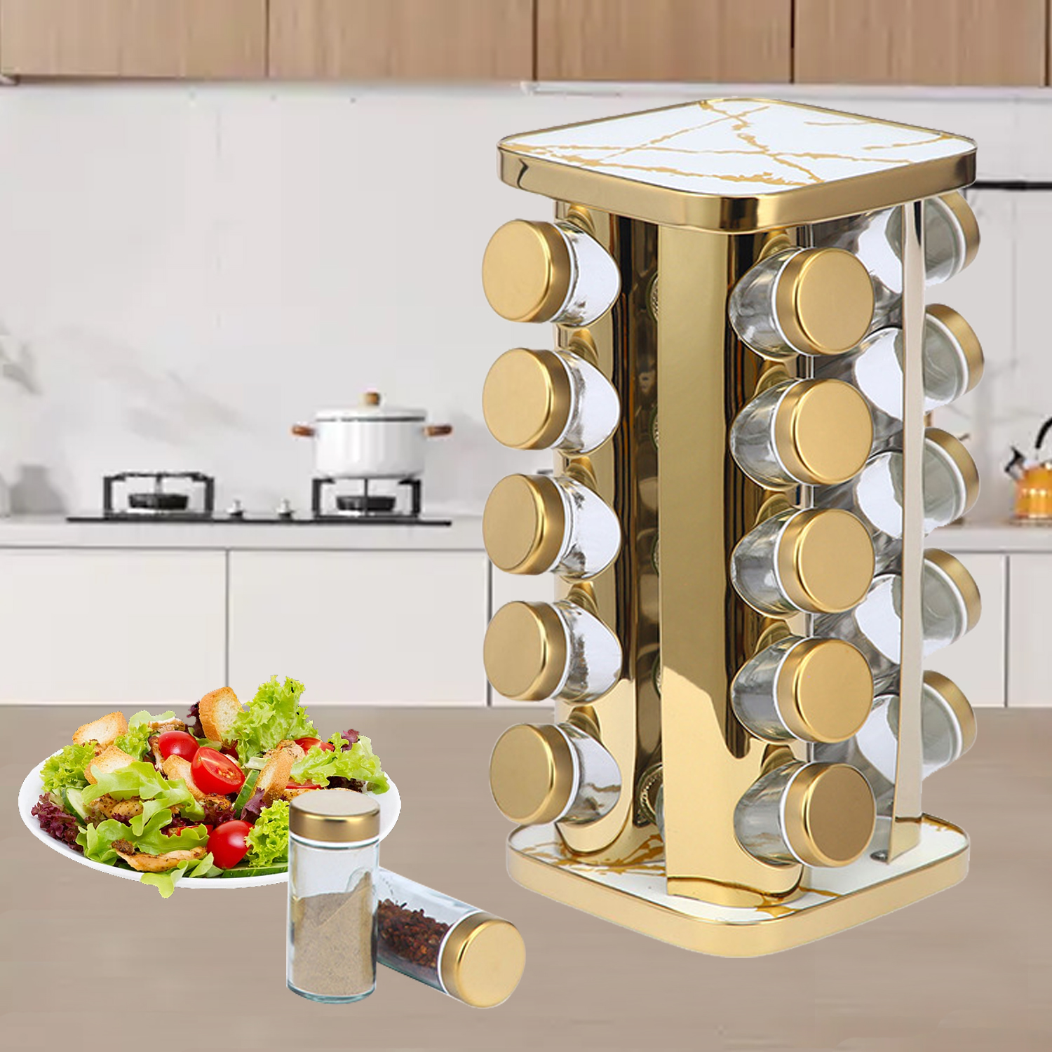 Especiero giratorio de 360 ​​grados con 12 piezas, 16 piezas, 20 piezas de tarros de condimentos, torre giratoria cuadrada redondeada, organizador de acero inoxidable de grano de mármol para estante de almacenamiento de cocina