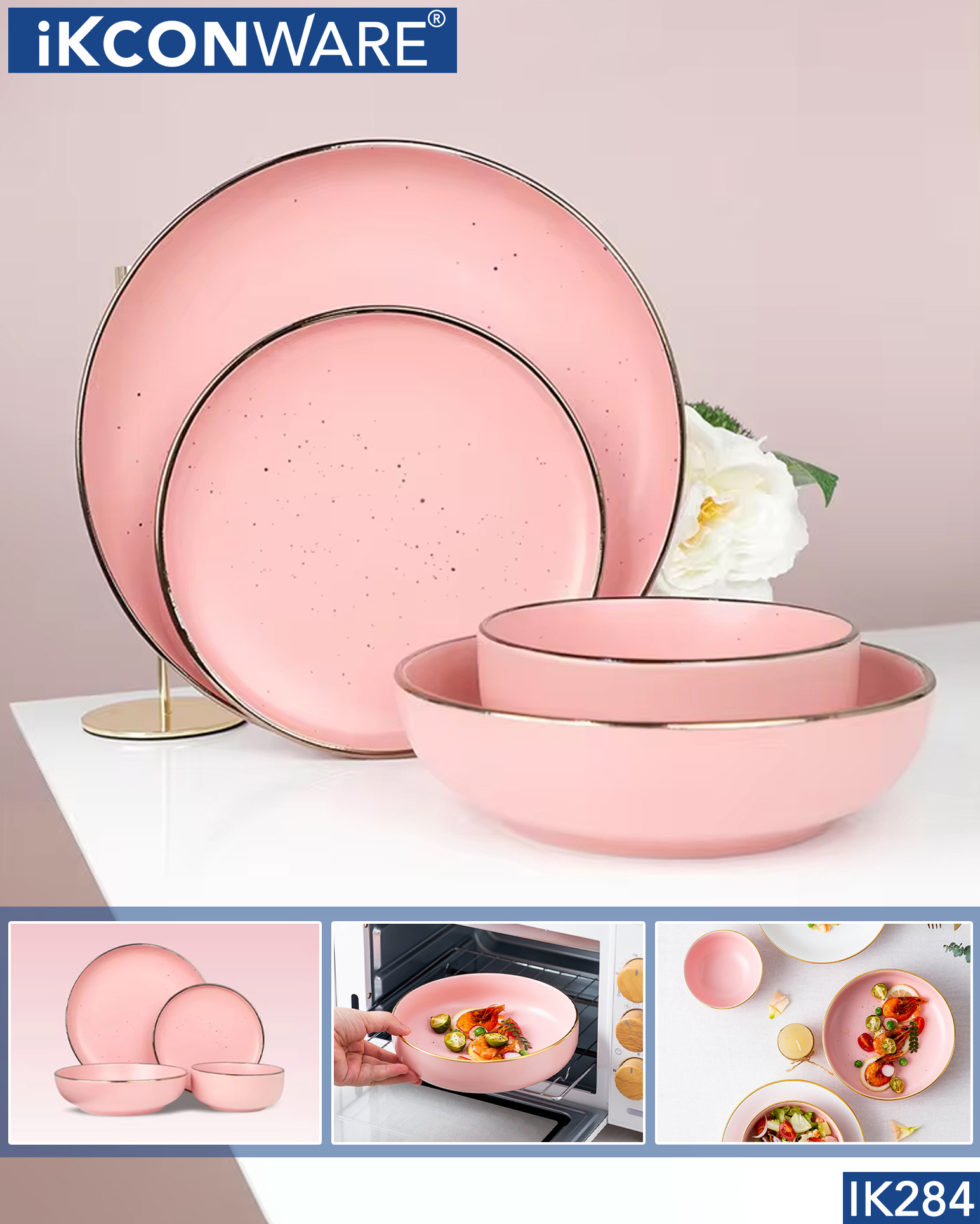 Mejore su experiencia gastronómica con el juego de vajilla de gres con borde dorado de lujo en color rosa mate y cena de cerámica