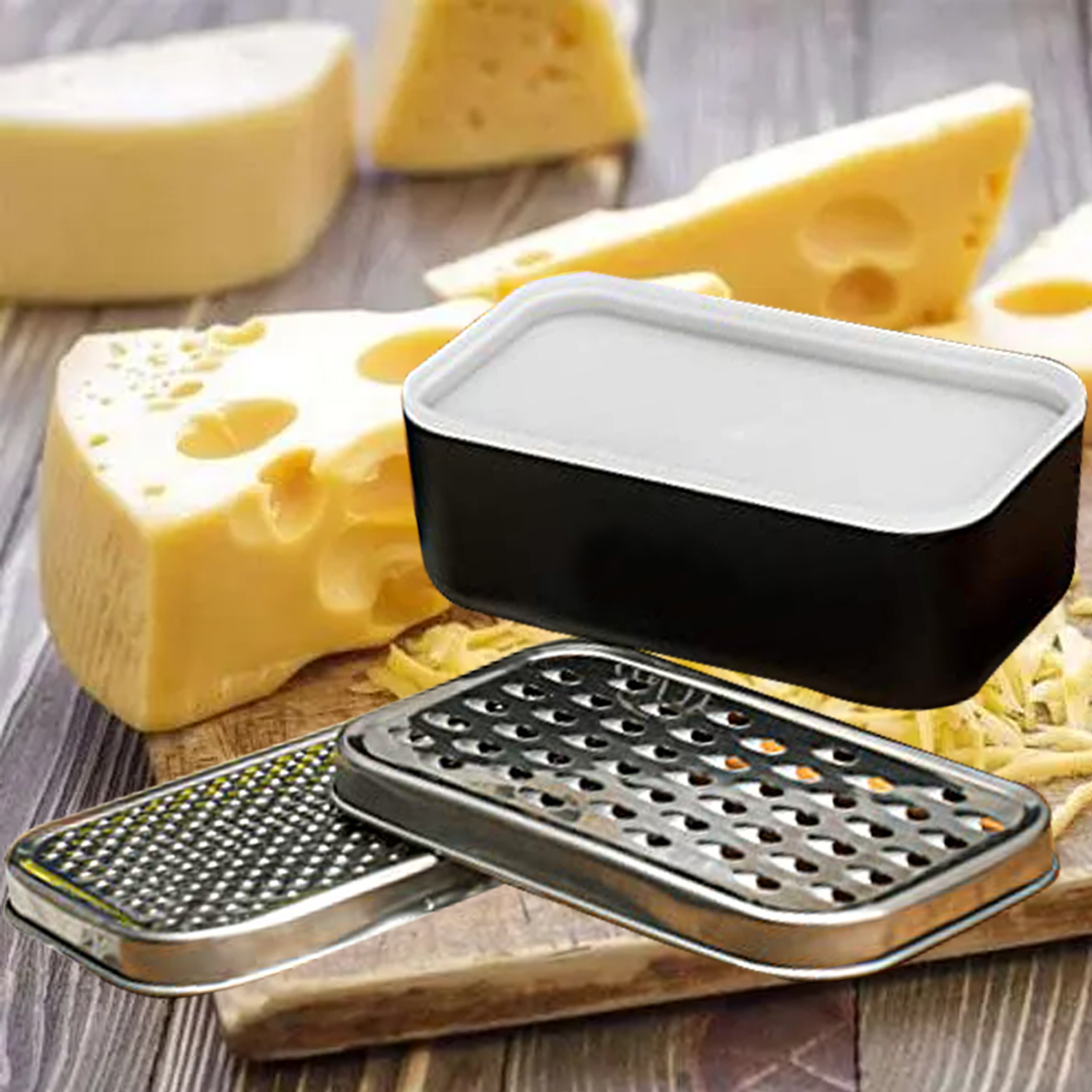 Rallador de queso de doble cara, trituradora de ajo y jengibre portátil con contenedor de ahorro de alimentos, caja rectangular y ralladores de acero inoxidable