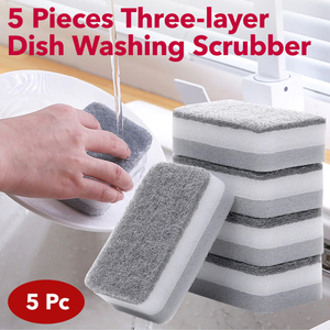 Esponja de tres capas de doble cara para cocina, estropajo para lavar platos domésticos, 5 piezas