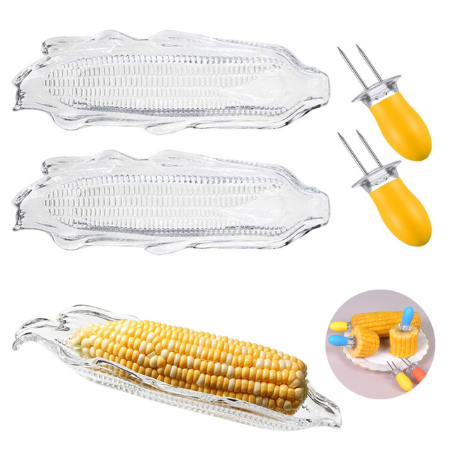 2 bandejas de plástico para maíz, 2 soportes para barbacoa de maíz de doble punta para platos de maíz y kits de mantequilla, paquete de 4