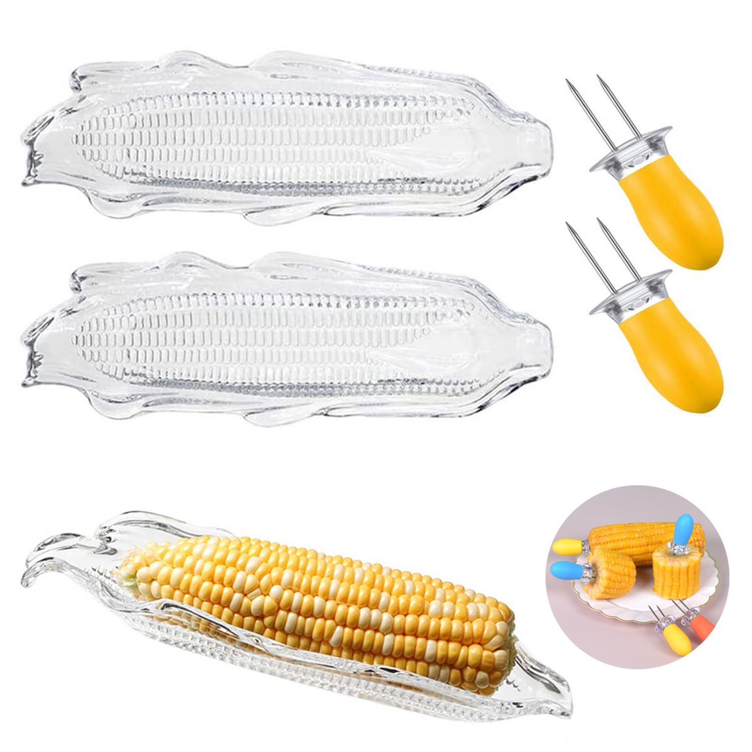 2 bandejas de plástico para maíz, 2 soportes para barbacoa de maíz de doble punta para platos de maíz y kits de mantequilla, paquete de 4
