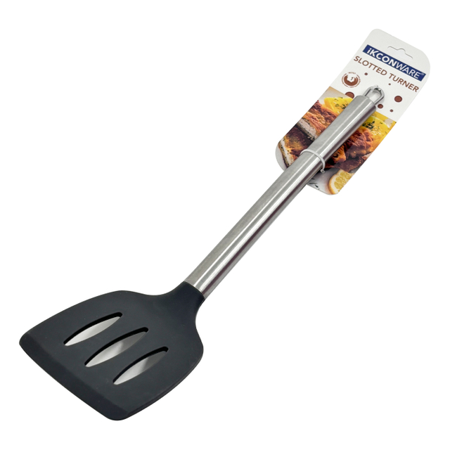 Mango de acero inoxidable de primera calidad, espátula ranurada de silicona negra