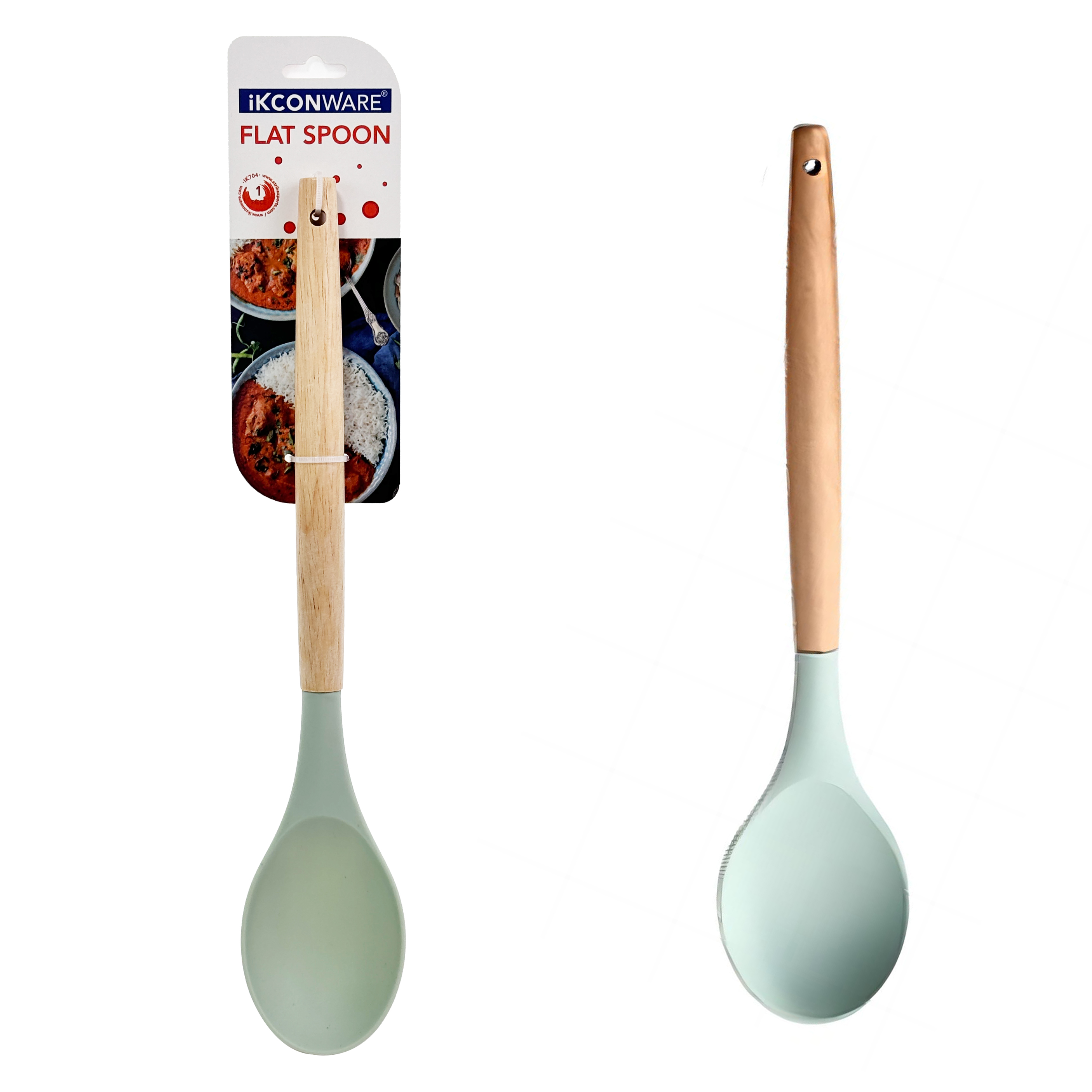 Cuchara de cocina plana de silicona con mango de madera