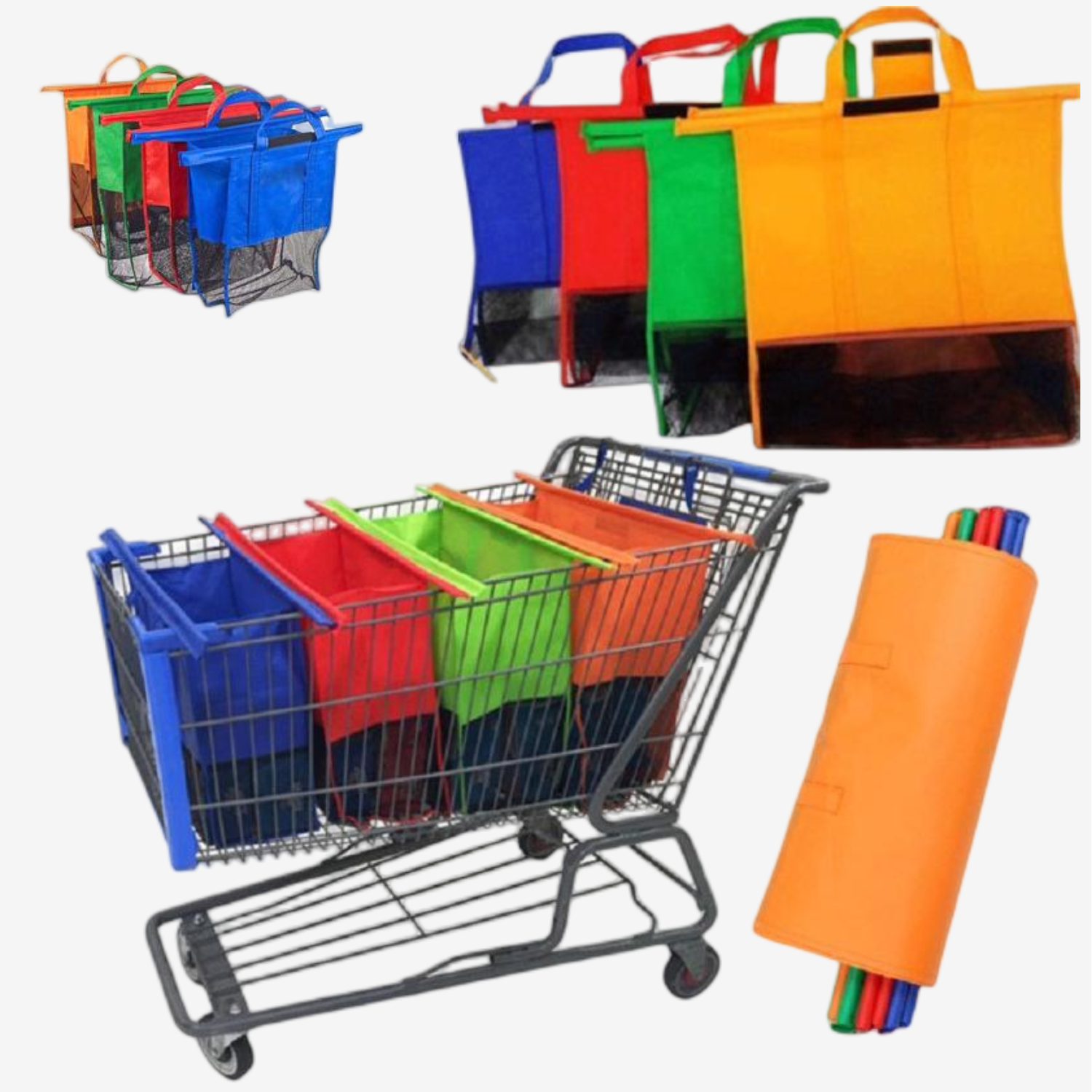 Paquete de 4 bolsas reutilizables para carrito de la compra con diferentes colores, fáciles de usar y resistentes. 