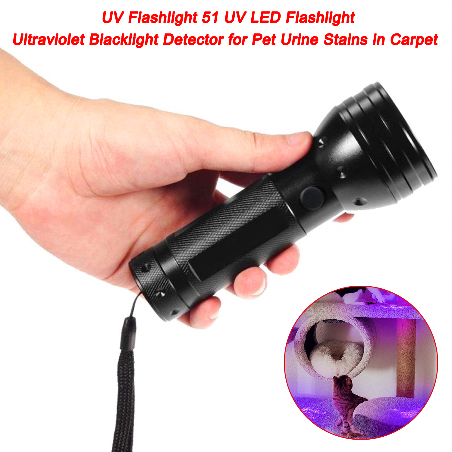 Linterna UV 51 Linterna LED UV Detector de luz negra ultravioleta para manchas de orina de mascotas en la alfombra