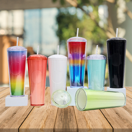 Taza de caleidoscopio de café frío de verano, color rosa rubor, 24oz, vaso de cúpula iridiscente de doble pared con pajita