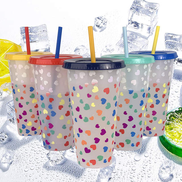 Tazas navideñas con cambio de temperatura, reutilizables, 710ml, 24oz, confeti en forma de corazón, taza que cambia de Color frío con tapa y pajita