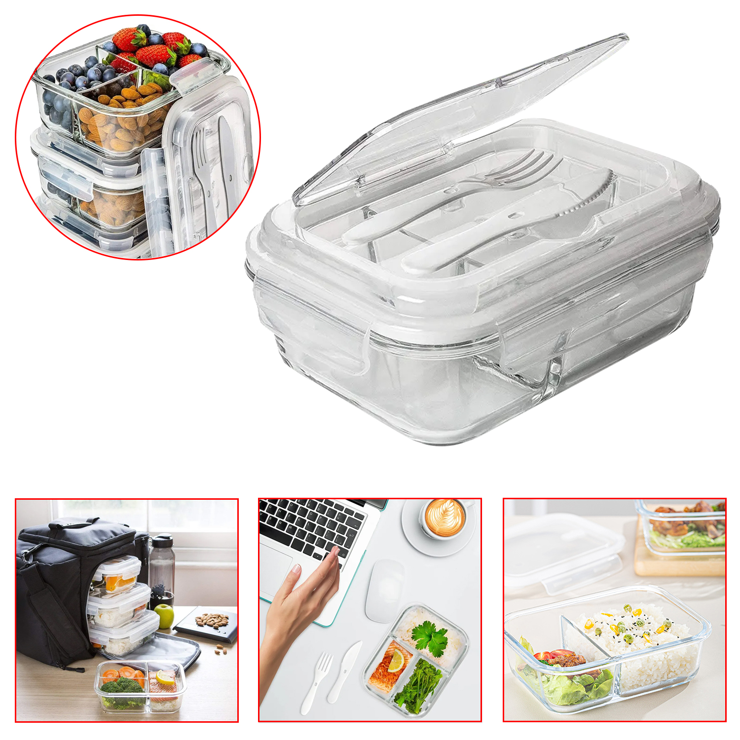 Fiambrera de vidrio, caja Bento para microondas, caja de almacenamiento de alimentos, caja de almacenamiento dividida con cuchara y tenedor, caja de comida