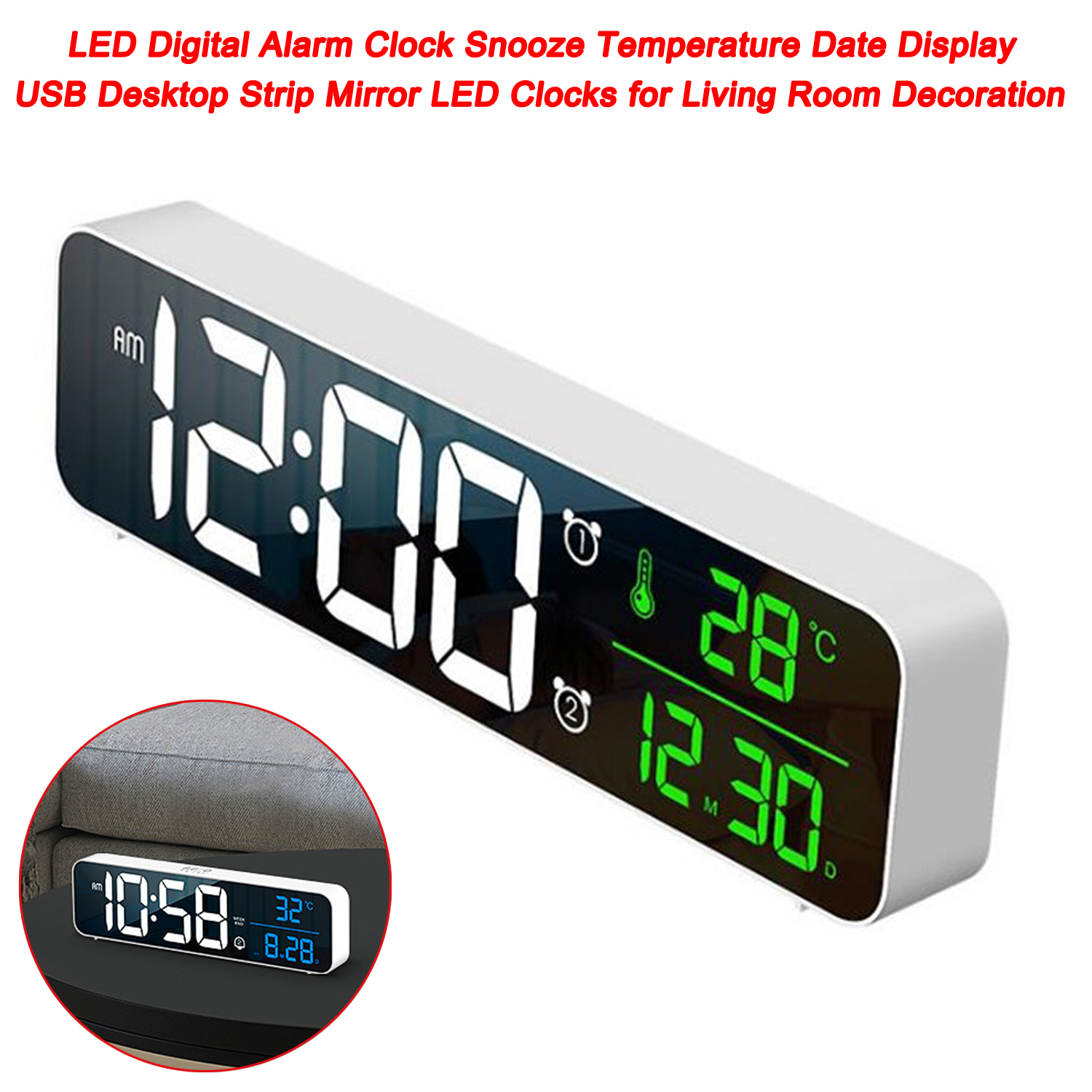 Reloj despertador Digital LED Snooze temperatura fecha pantalla USB tira de escritorio espejo LED relojes para decoración de sala de estar