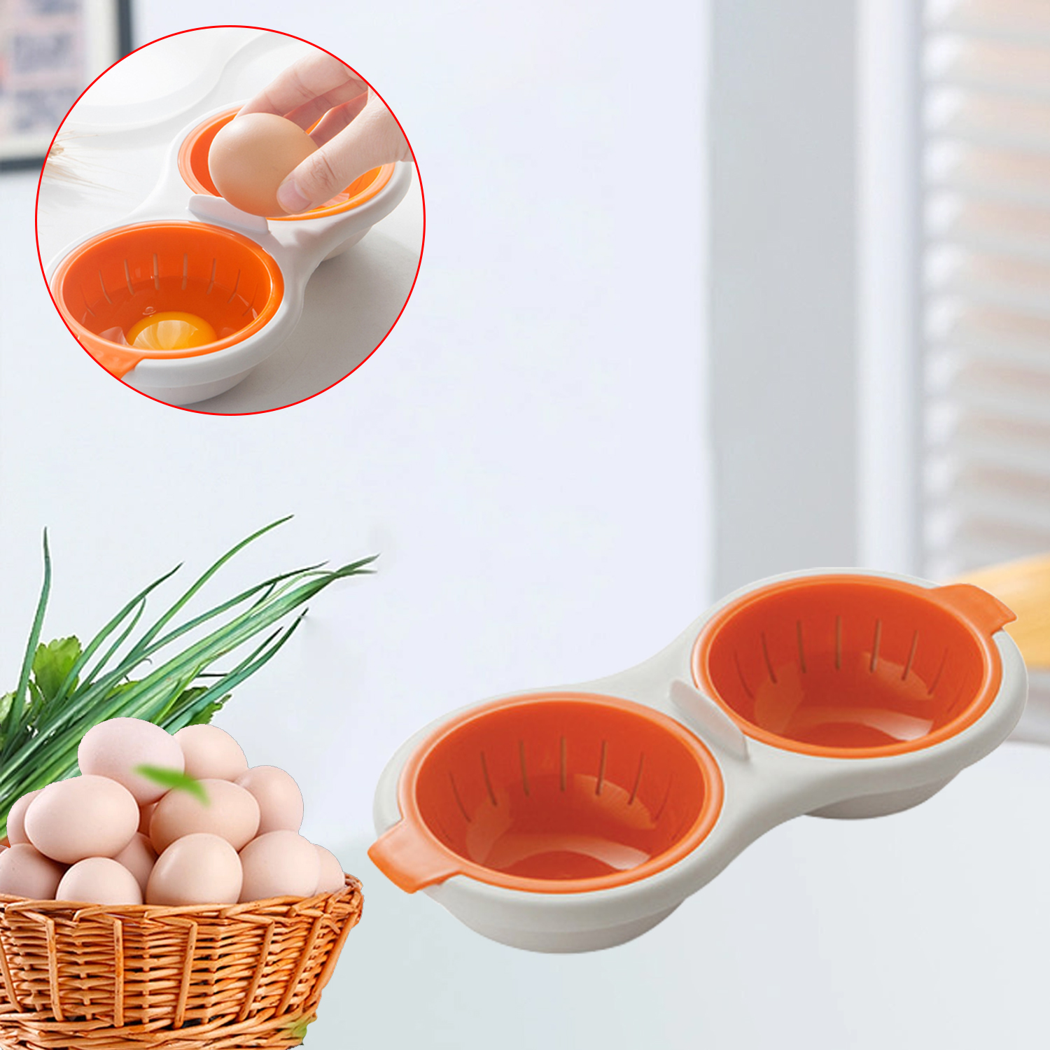 Escalfador de huevos para microondas, escalfador redondo de drenaje, taza doble, hervidor de huevos, escalfador de huevos, utensilios de cocina para huevos al vapor