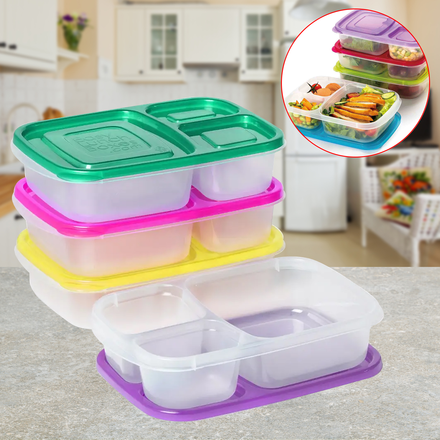 Fiambrera de plástico multicolor con tres compartimentos, fiambrera para alimentos, fiambrera para microondas, caja de almacenamiento para contenedores de alimentos