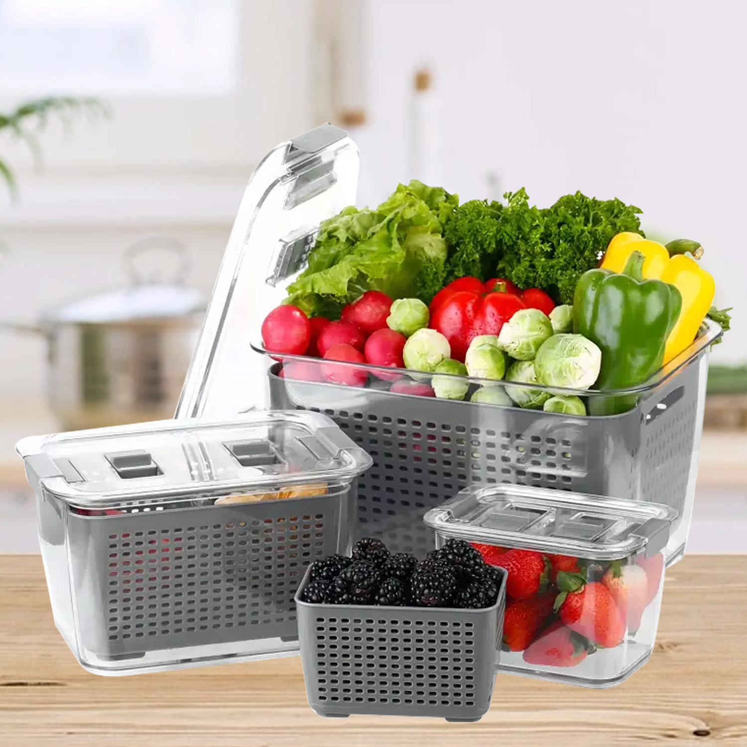 Refrigerador Contenedores de almacenamiento de alimentos con tapa Caja de almacenamiento Cajas de frutas y verduras frescas Cesta de drenaje Contenedores de almacenamiento