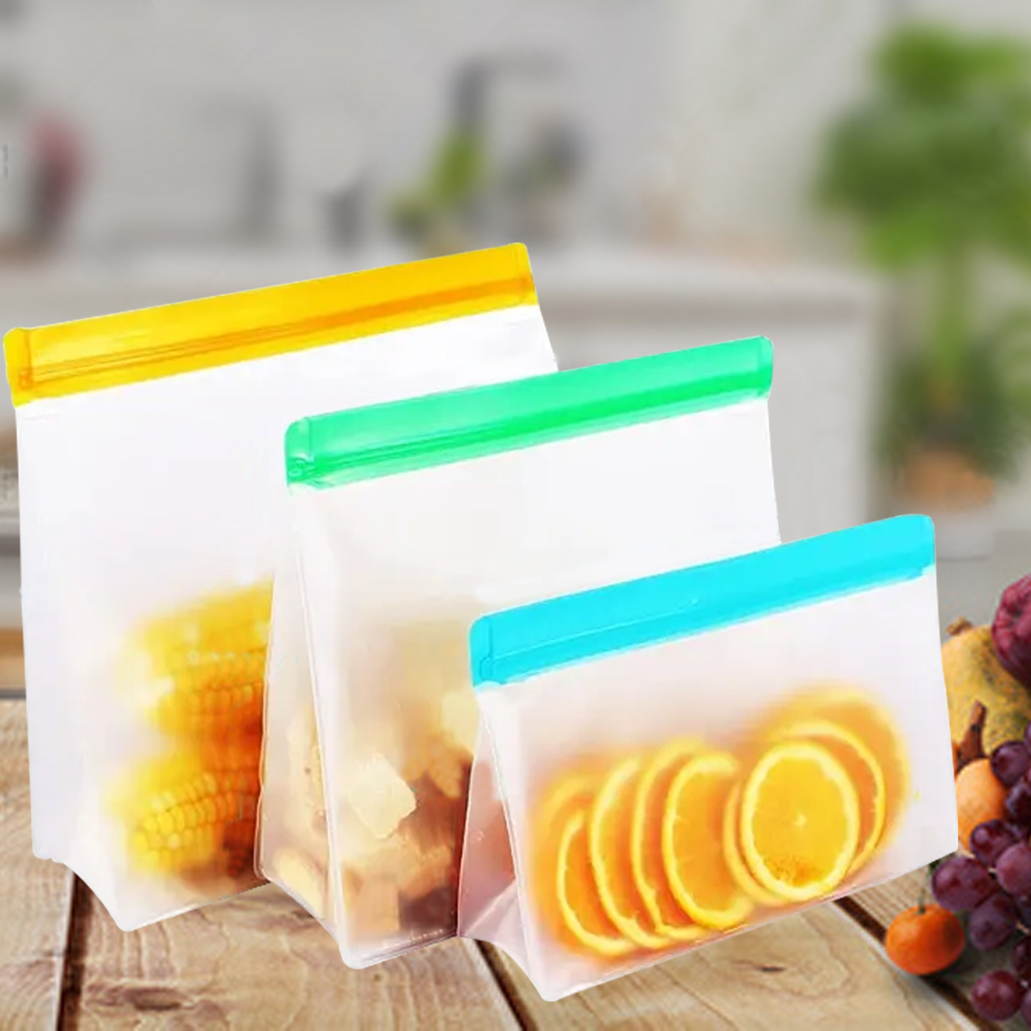 Bolsas de almacenamiento de alimentos reutilizables Bolsa de almacenamiento de alimentos seguro de PEVA Bolsas de congelador con sello doble Ziplock Bolsa fresca para refrigerador