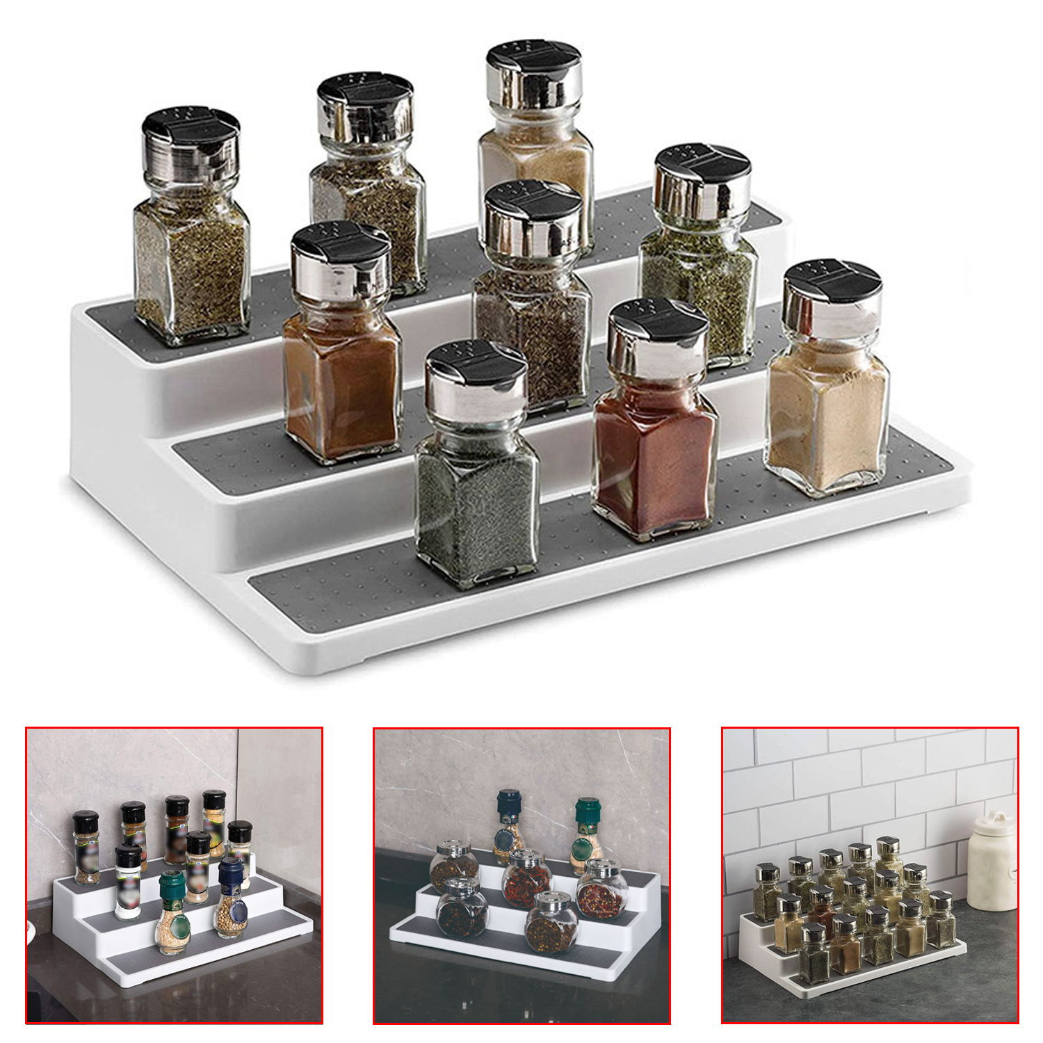 Estante de especias con forma de escalera, soporte de almacenamiento de condimentos portátil de tres capas, organizadores ajustables, decoración de cocina para el hogar