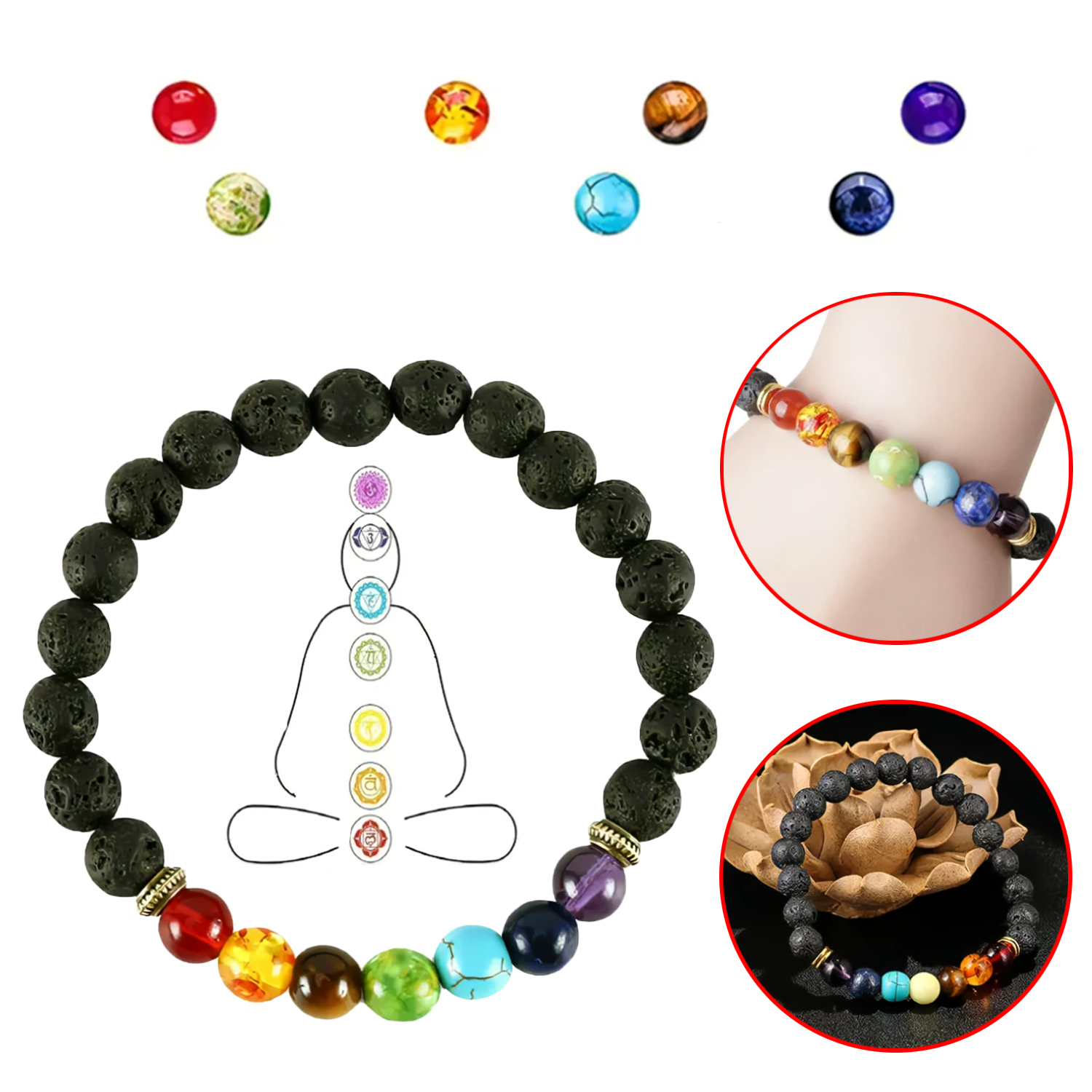 Cuentas de piedra de lava natural Healing Balance Chakra Charm Bracelet Stretch Beads Bracelet Jewelry para hombres y mujeres Regalo Piedra de oración Yoga Chakra Bracelet