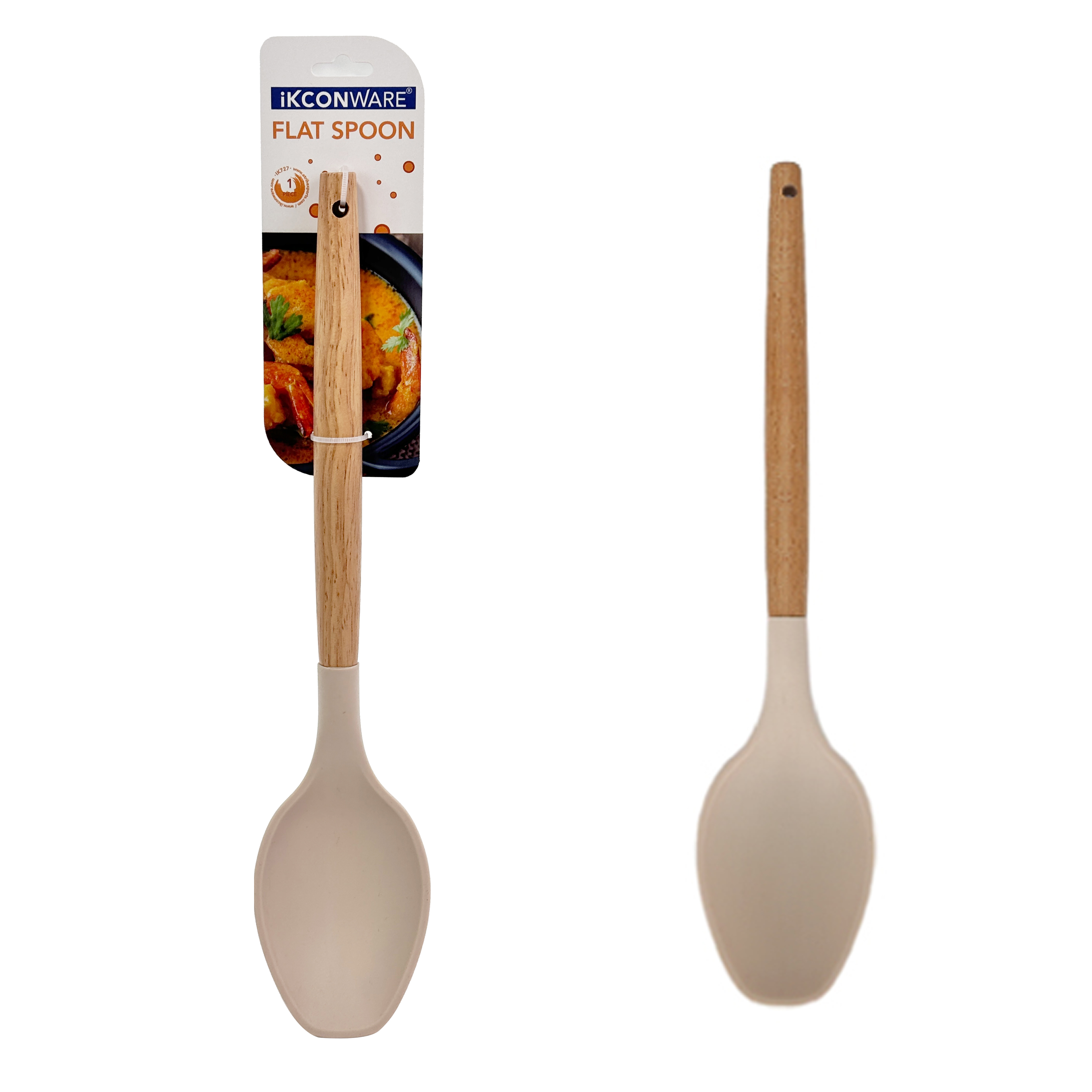 Cuchara para servir plana de silicona con mango de madera