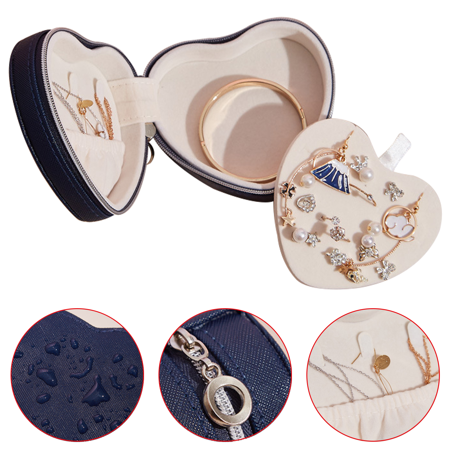 Caja de joyería portátil en forma de corazón Organizador de viaje Caja de joyería de doble capa en forma de corazón Caja de joyas de viaje de cuero de PU para mujeres y niñas