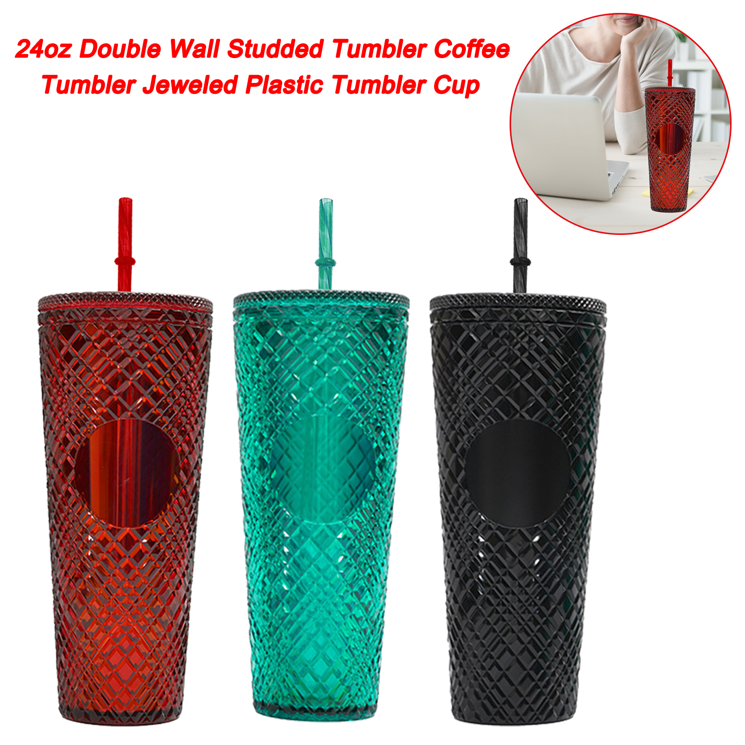 Taza plástica Jeweled del vaso de la taza de café tachonada de la pared doble 24OZ