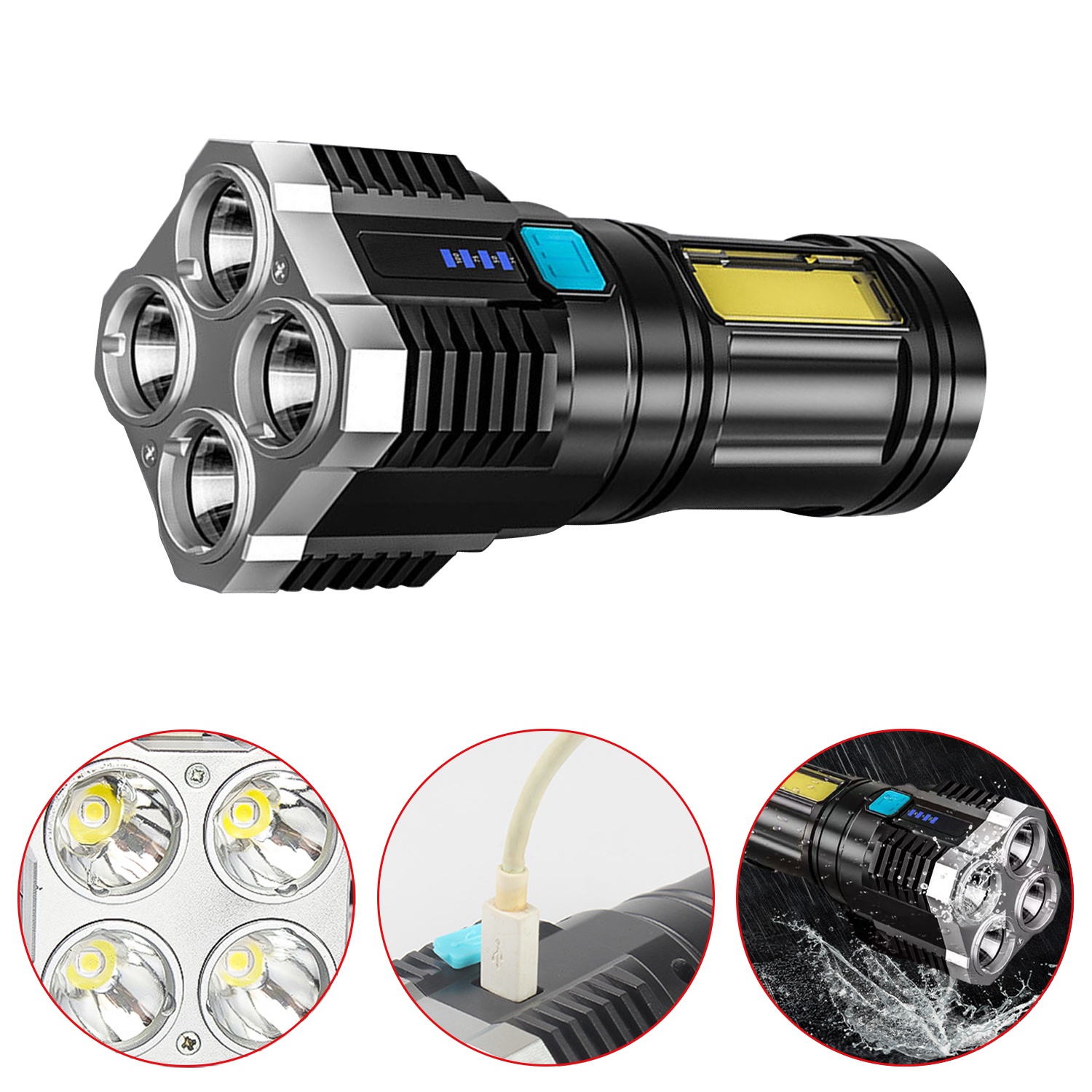 4-Core Super Bright Flashlight Rechargeable Outdoor Multi-function Led Long-range Spotlight Battery Display COB Light