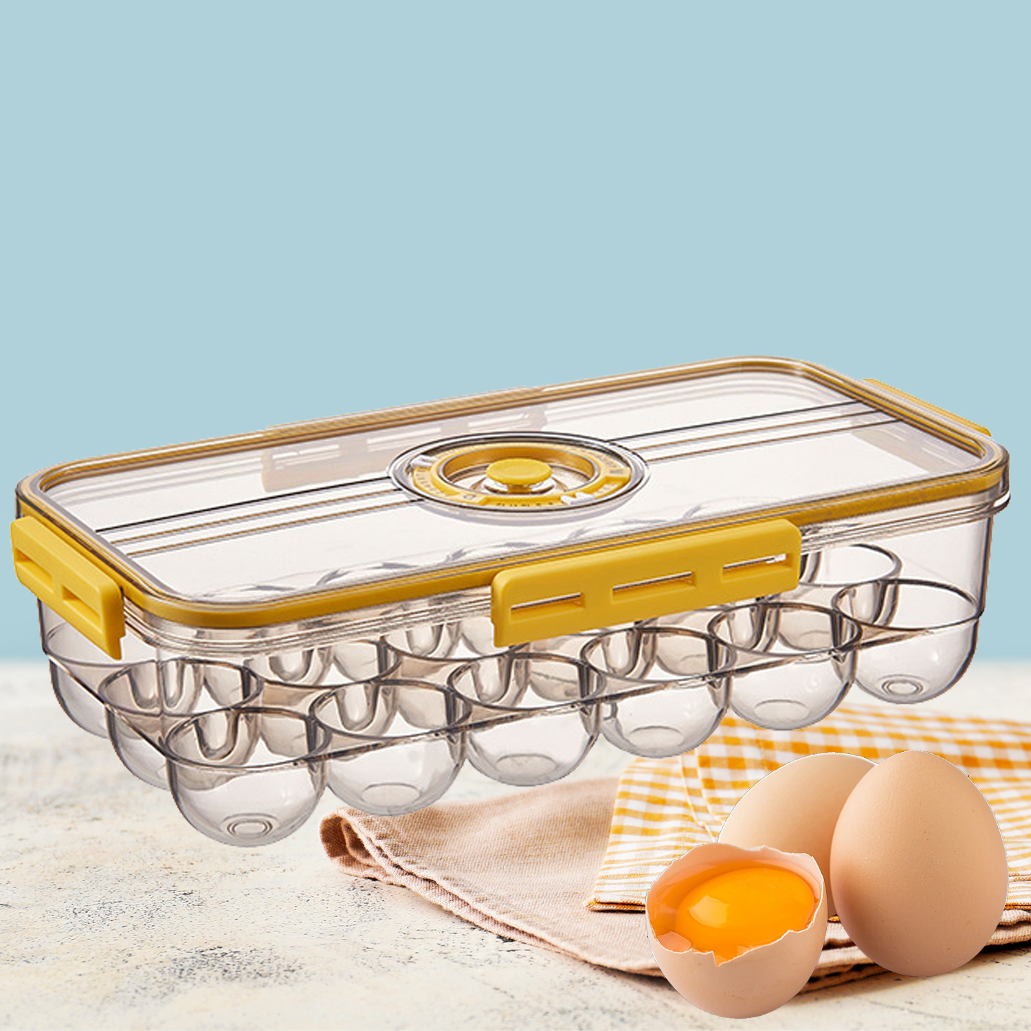 Refrigerador Caja de almacenamiento de huevos Rejillas Caja de sellado al vacío Contenedor de almacenamiento de huevos con temporizador Cocina Organizador de mantenimiento fresco Bandeja de huevos sellada transparente
