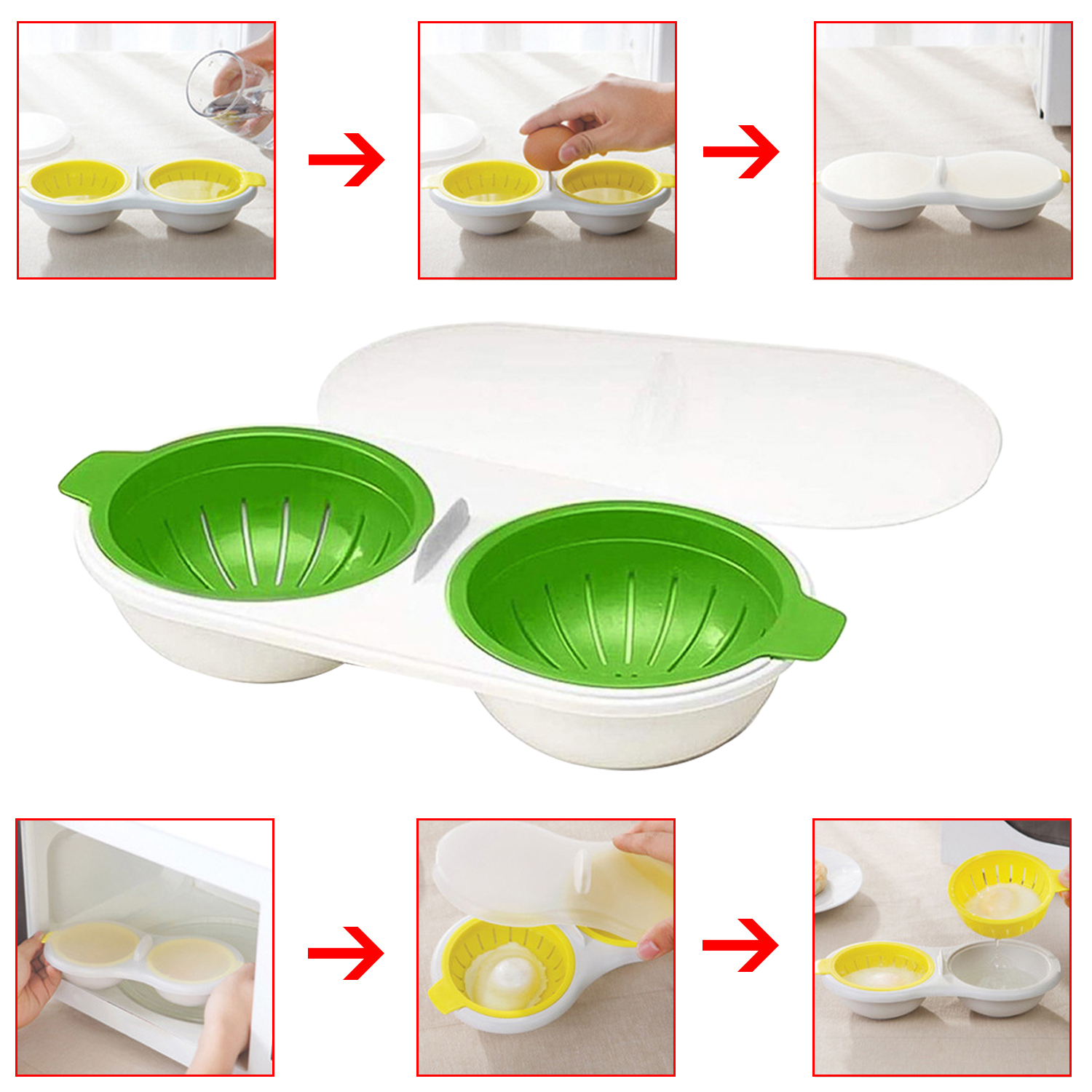 Escalfador de huevos para microondas, escalfador redondo de drenaje, taza doble, hervidor de huevos, escalfador de huevos, utensilios de cocina para huevos al vapor