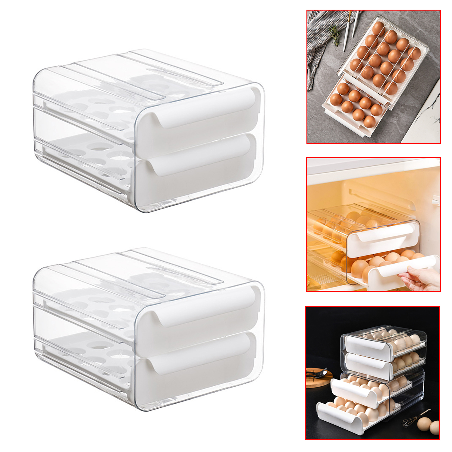 Caja de almacenamiento de huevos para el hogar, cajón de doble capa, caja de almacenamiento de huevos para refrigerador, estante de almacenamiento de huevos apilable