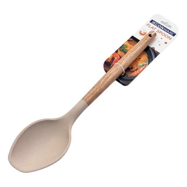 Cuchara para servir plana de silicona con mango de madera