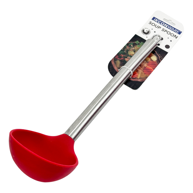 Cuchara de sopa de silicona roja con mango de acero inoxidable de primera calidad