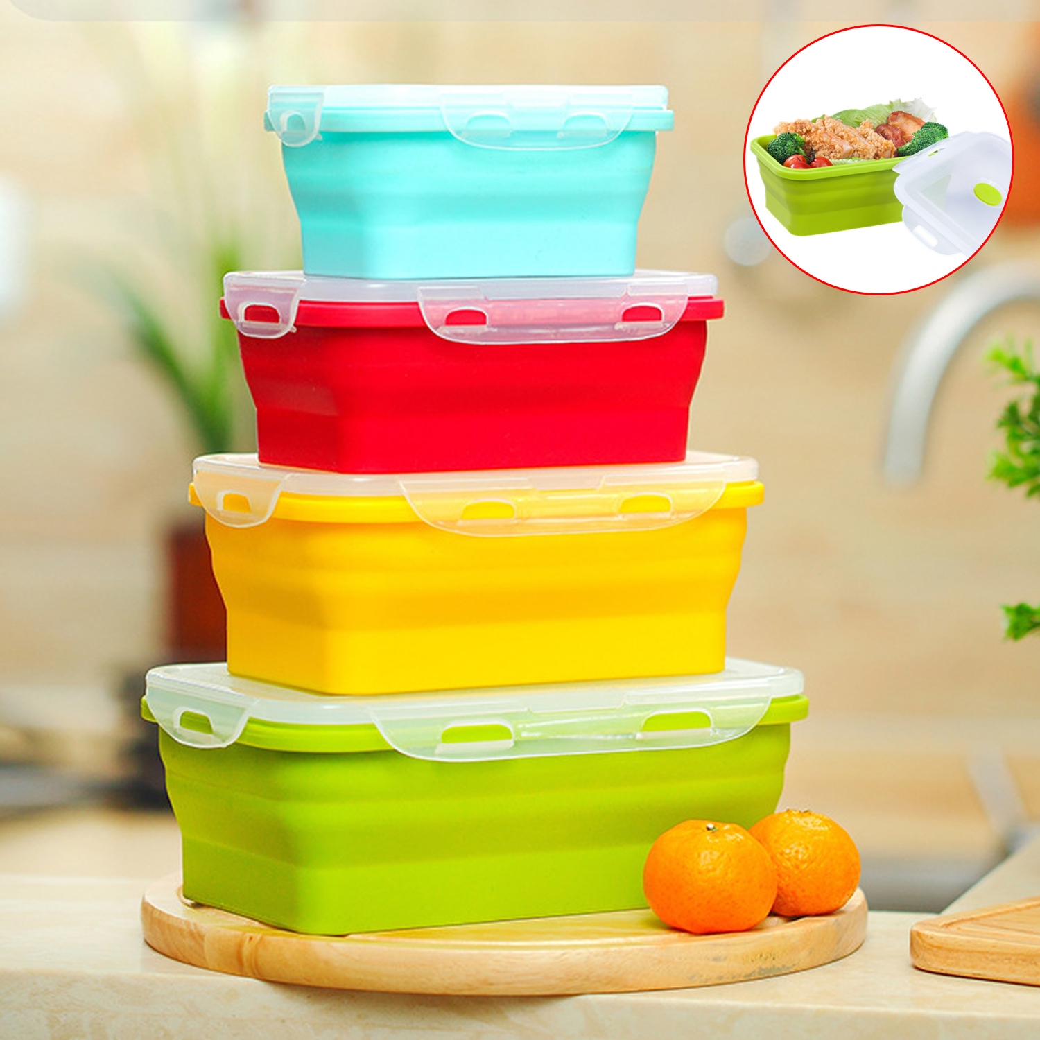 Fiambrera plegable de silicona con tapa 350ML/500ML/800ML/1200ML Juego de 4 piezas Fiambrera plegable portátil cuadrada de silicona