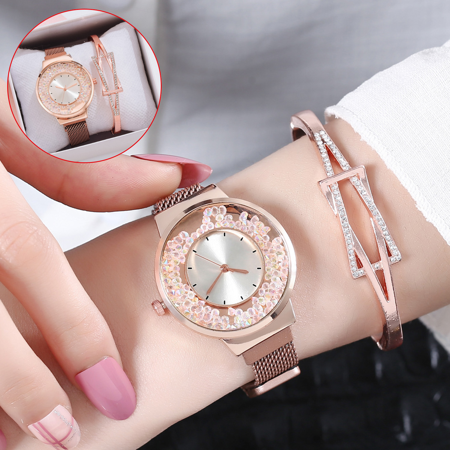 Relojes de joyería para mujer, hebilla magnética de cuarzo, diamantes de imitación móviles, relojes de pulsera para mujer, conjunto de regalo 