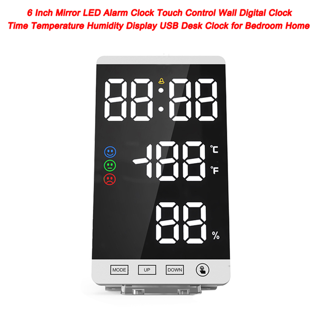 Reloj despertador espejo LED con Control táctil, reloj Digital de pared con pantalla de temperatura y humedad, Reloj de escritorio USB para dormitorio y hogar