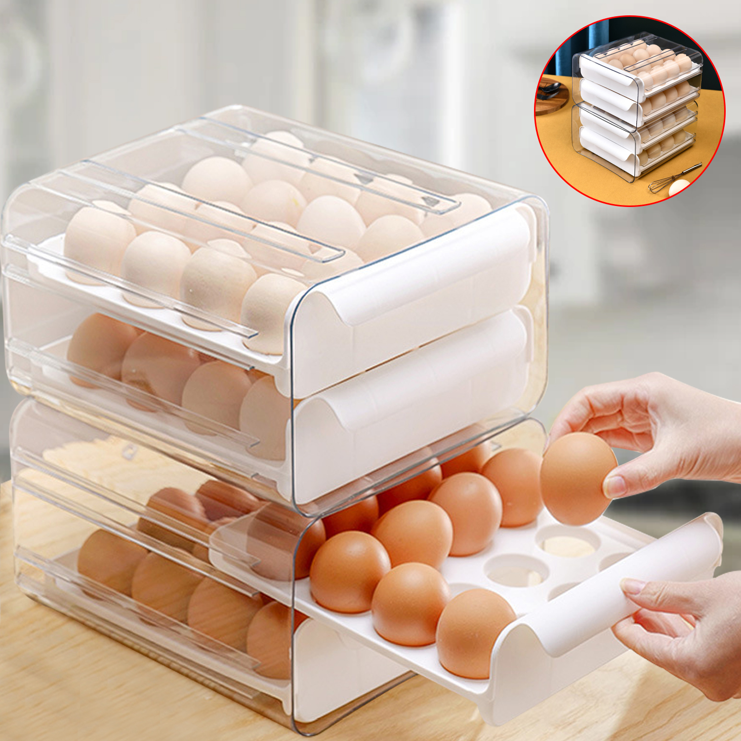 Caja de almacenamiento de huevos para el hogar, cajón de doble capa, caja de almacenamiento de huevos para refrigerador, estante de almacenamiento de huevos apilable