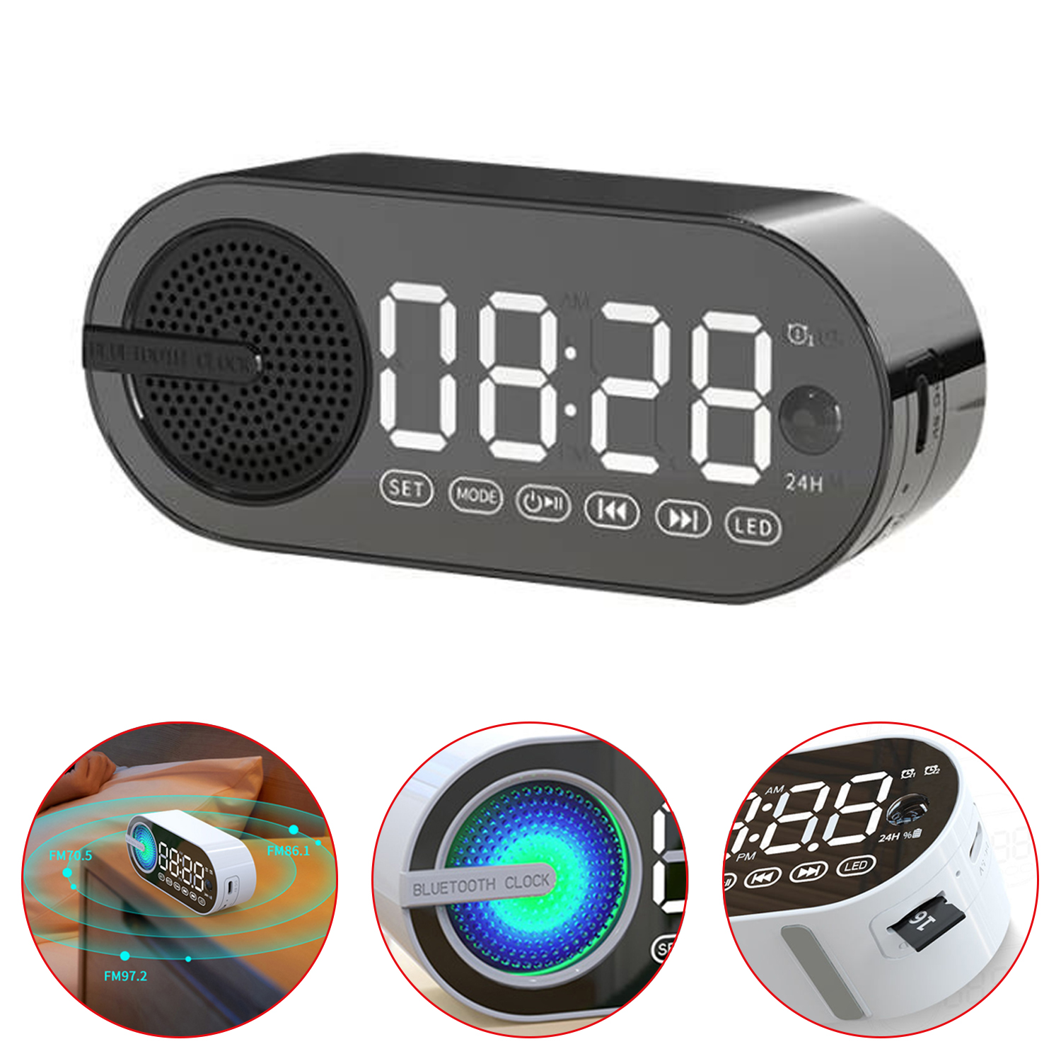 Reloj despertador de Radio con carga USB, Altavoz portátil con Bluetooth RGB, pantalla grande FM, espejo silencioso, dormitorio Digital, habitación, oficina, cubierta