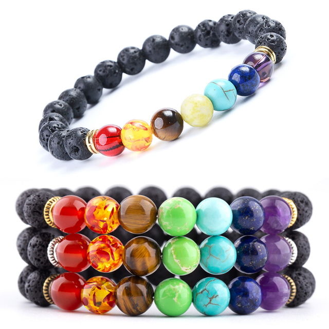 Cuentas de piedra de lava natural Healing Balance Chakra Charm Bracelet Stretch Beads Bracelet Jewelry para hombres y mujeres Regalo Piedra de oración Yoga Chakra Bracelet