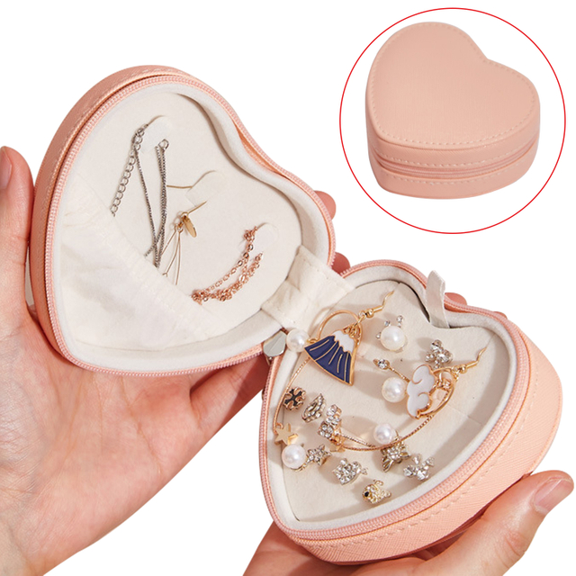 Caja de joyería portátil en forma de corazón Organizador de viaje Caja de joyería de doble capa en forma de corazón Caja de joyas de viaje de cuero de PU para mujeres y niñas