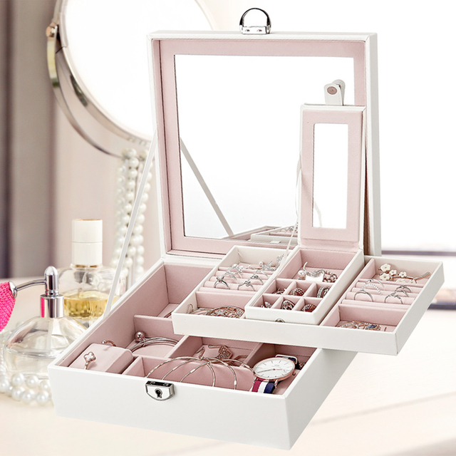 Joyero multifuncional de gran capacidad, joyero con espejo de cuero PU y organizador con cerradura, estuche de almacenamiento