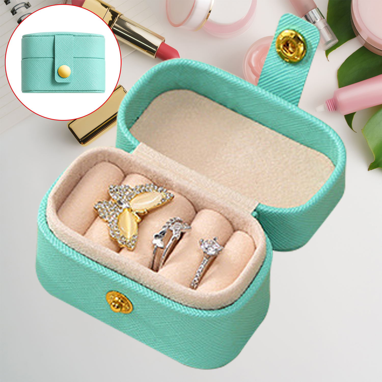 Mini joyero portátil, organizador de joyas, exhibidor, cajas de anillos de viaje, botón de almacenamiento de cuero, regalo para joyeros