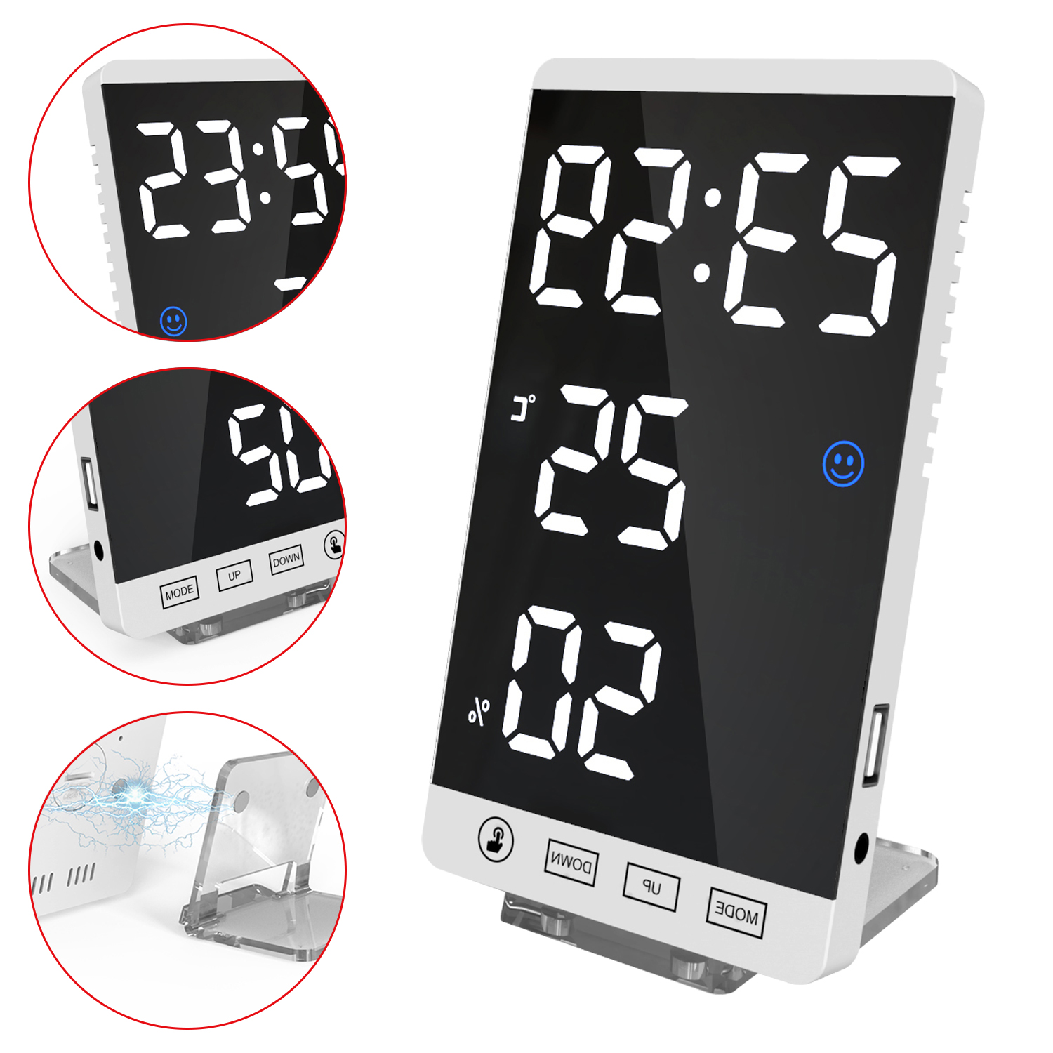 Reloj despertador espejo LED con Control táctil, reloj Digital de pared con pantalla de temperatura y humedad, Reloj de escritorio USB para dormitorio y hogar
