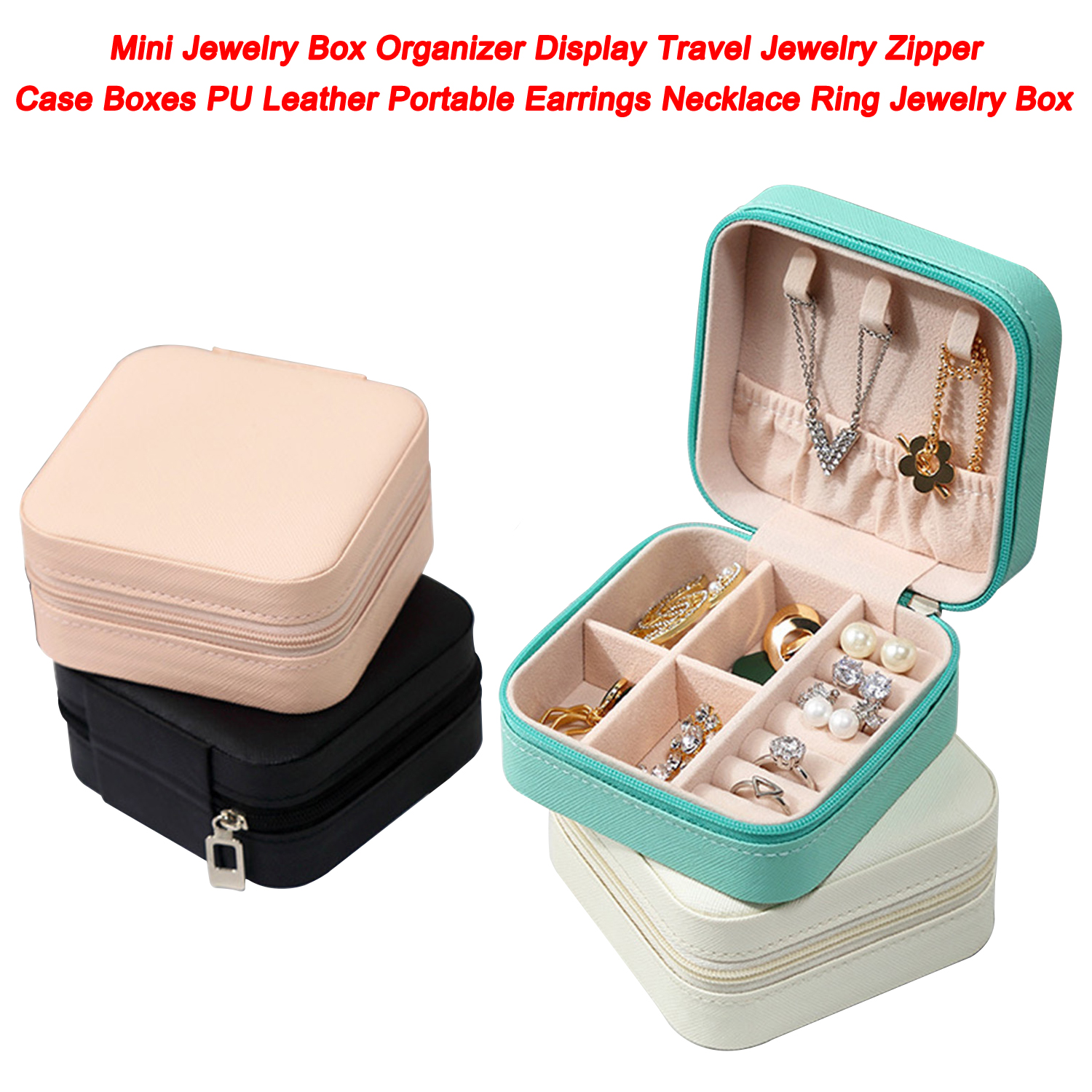 Mini joyero organizador, estuche de viaje con cremallera para joyería, cajas de cuero PU, pendientes portátiles, collar, anillo, caja de joyería