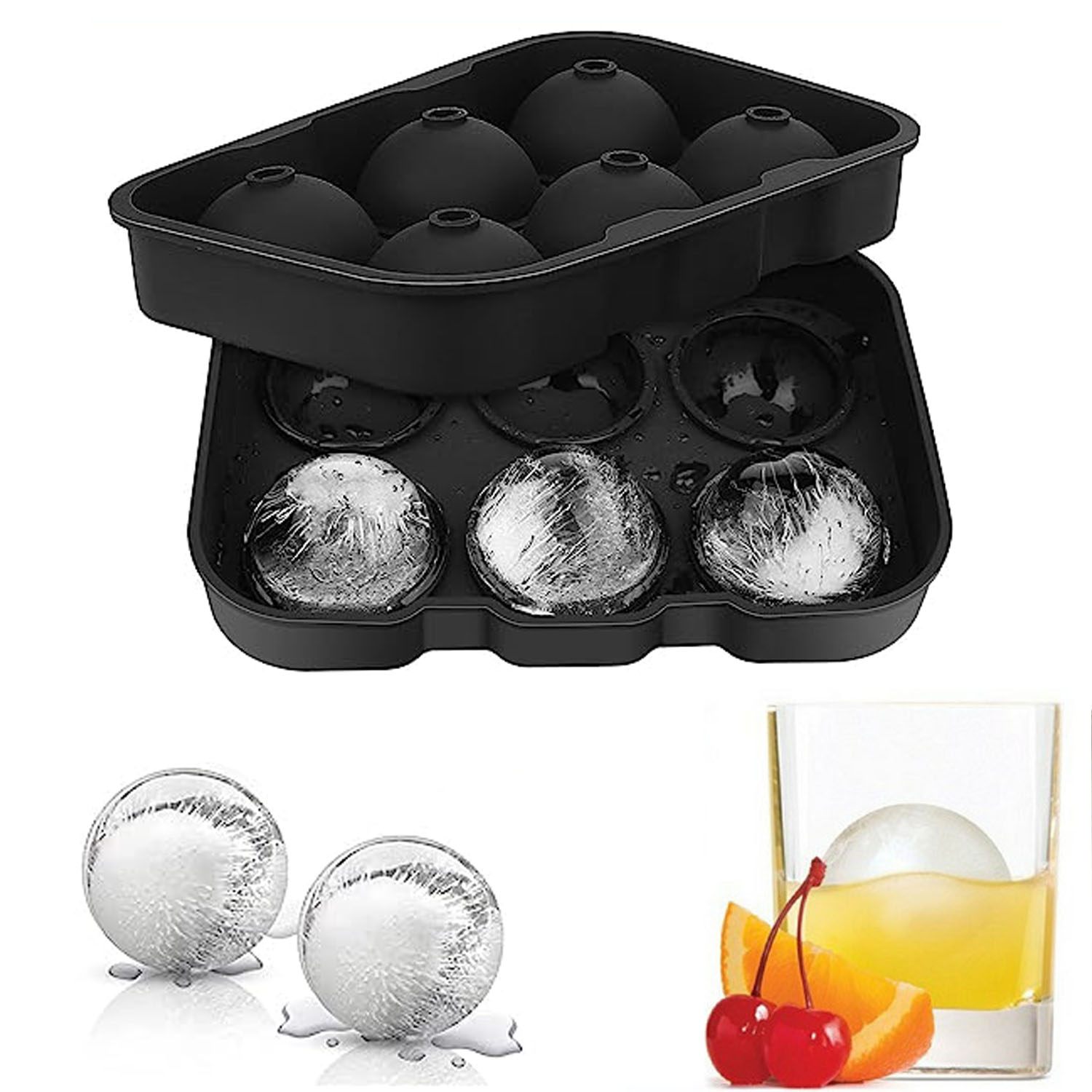 Cubitos de hielo de whisky esféricos cuadrados de 6 bolas Bandeja de hielo de silicona moldeada para hielo de whisky y cócteles, silicona de grado alimenticio, reutilizable y sin BPA