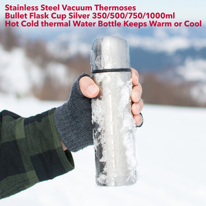 Termo al vacío de acero inoxidable, taza de matraz de bala plateada 350/500/750/1000ml, botella de agua térmica fría y caliente que mantiene el calor o la frescura
