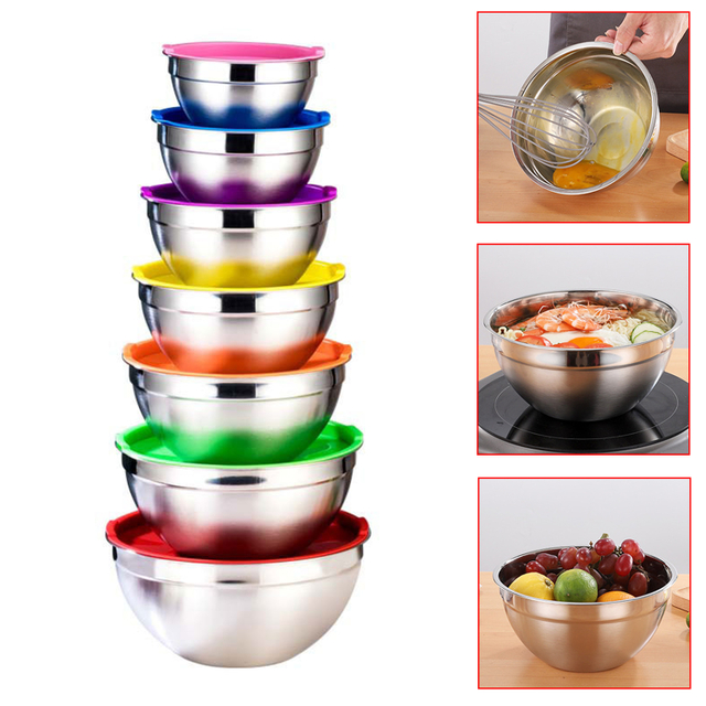 Ensaladera colorida de acero inoxidable con tapa, cuencos para mezclar huevos de cocina, juego de 7 tamaños para cocinar y hornear